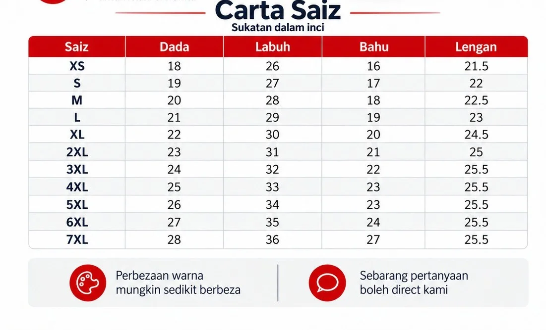 Carta saiz baju Longsleeve dalam inci